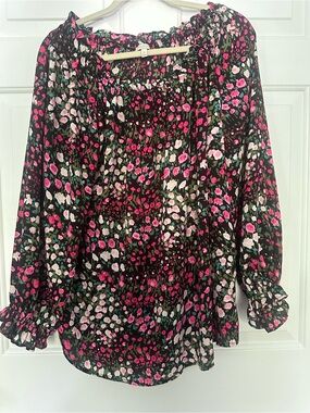 Talbots Black Floral Gathered Blouse with Pink & Cream Accents